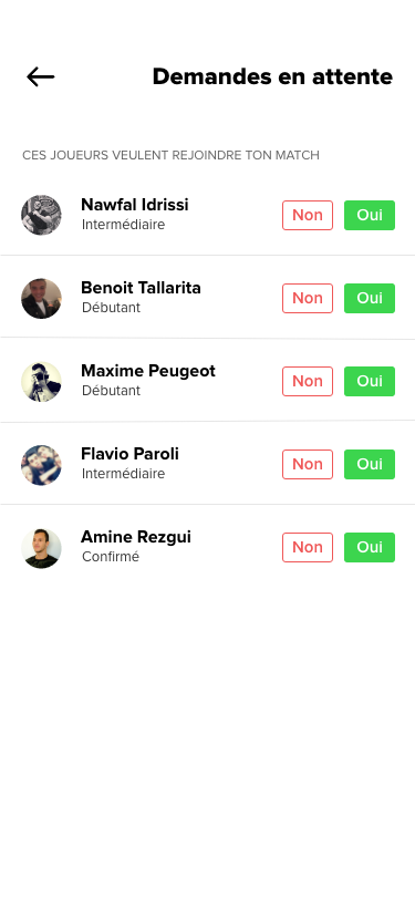 Écran Demandes en attente Application Mobile Fivezone