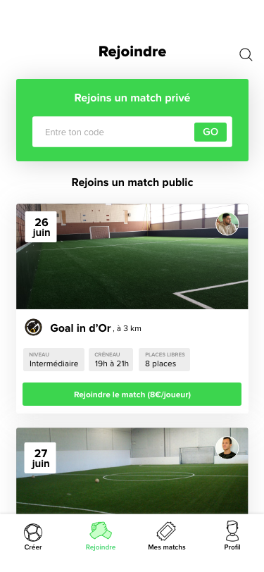 Écran Matchs publics Application Mobile Fivezone
